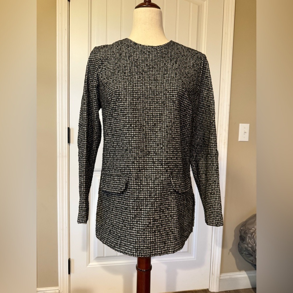 ZARA WOMAN Black White Houndstooth Textured Long Sleeve‎ Tunic Dress Pockets M
